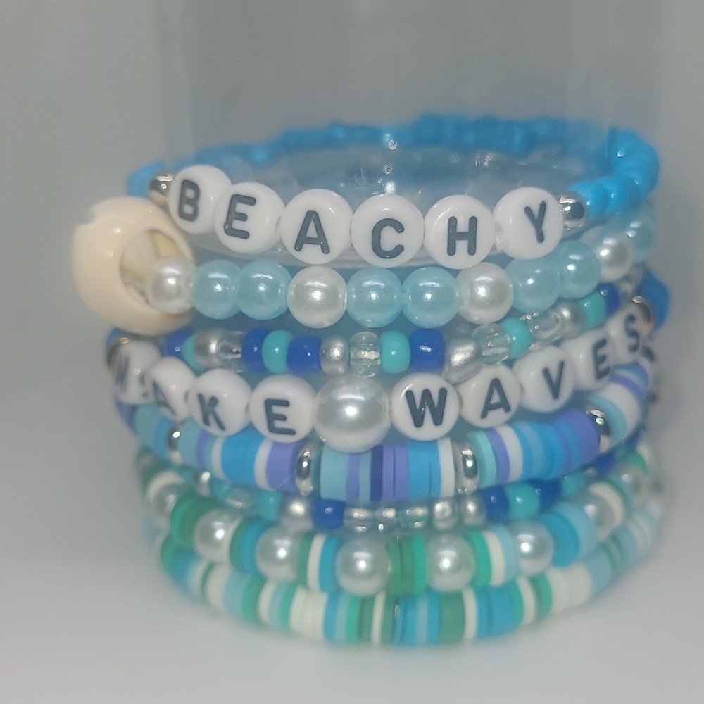8 Blue Lagoon Beaded Bracelets Stackable Beachy Surfer Theme Charms Heishi
